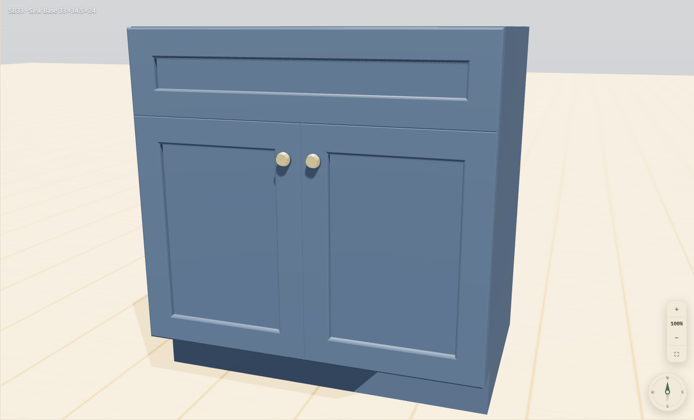 3D cabinet render showing finish and hardware