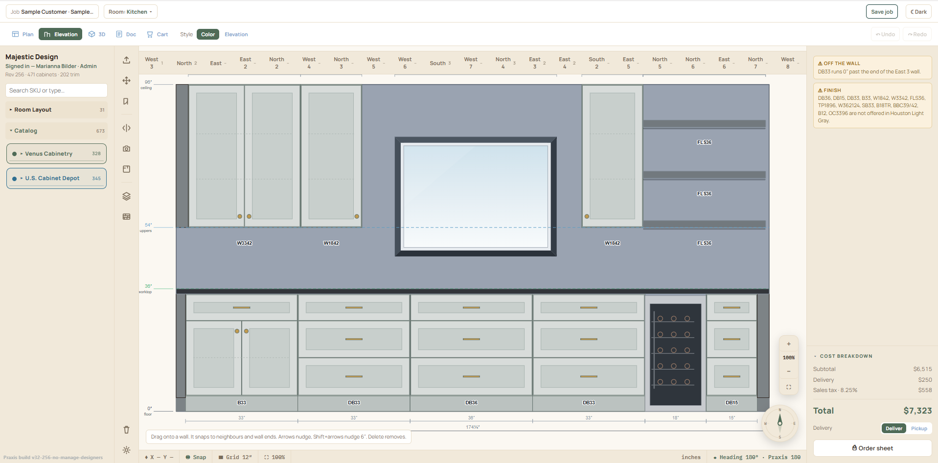 Elevation drawing from the Praxis 180 designer