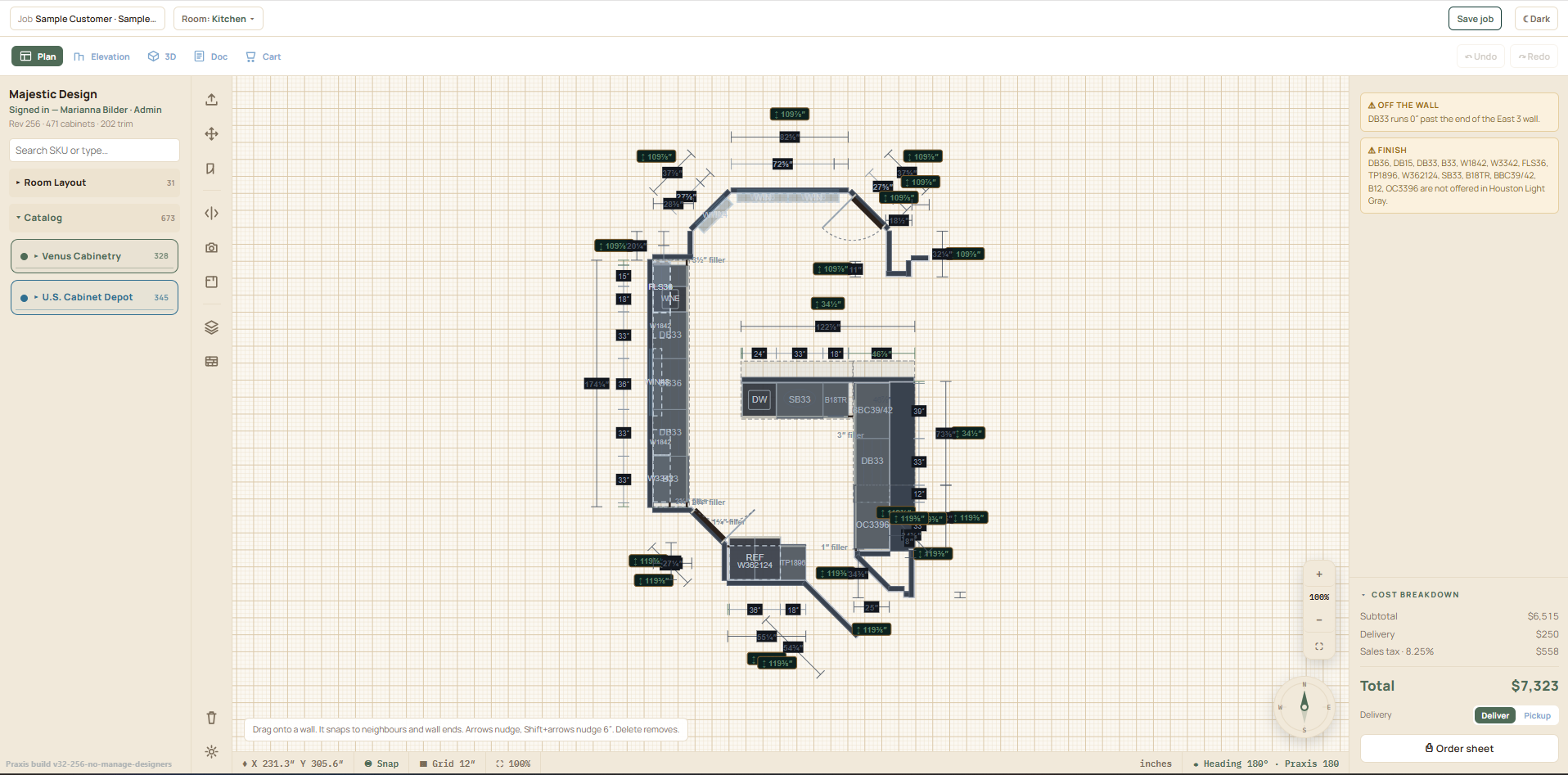 Dimensioned floor plan from the Praxis 180 designer